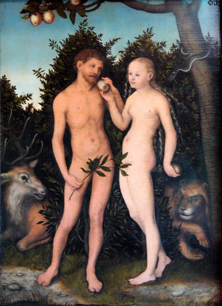Adam & Eve painting (1533) by Lucas Cranach Elder at Bode Museum. Berlin, Germany.