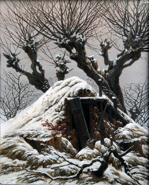 Cabin Covered in Snow painting (1827) by Caspar David Friedrich at Alte Nationalgalerie. Berlin, Germany.