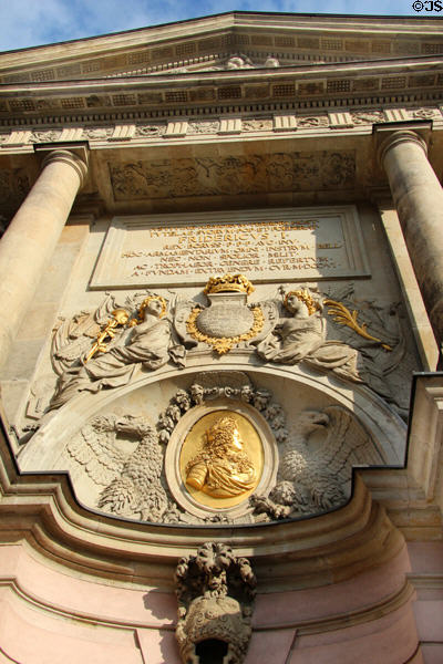 Gilded plaque to Frederick I over portico of German Historical Museum (former armory). Berlin, Germany.