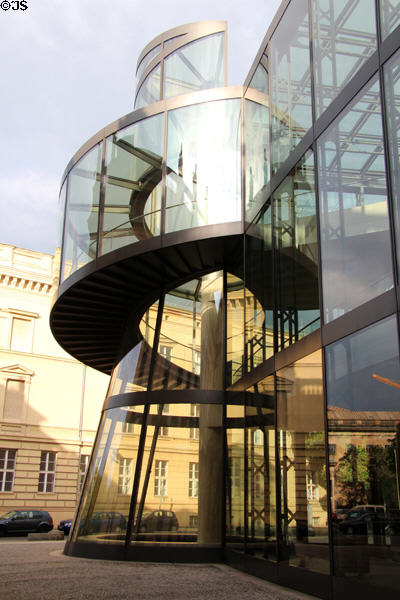 Glass spiral staircase of I.M. Pei's German Historical Museum addition (1999-2003). Berlin, Germany.