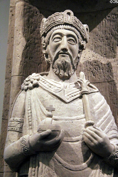 Detail of stone figure of Charlemagne as founder of Benedictine convent in Müstair Switzerland (12thC) at German Historical Museum. Berlin, Germany.