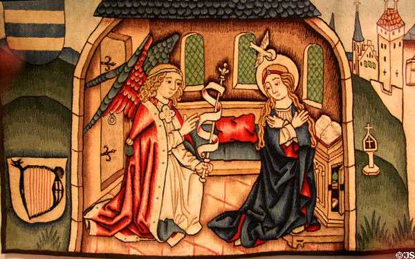 Woven wall hanging with Annunciation (c1480) at German Historical Museum. Berlin, Germany.