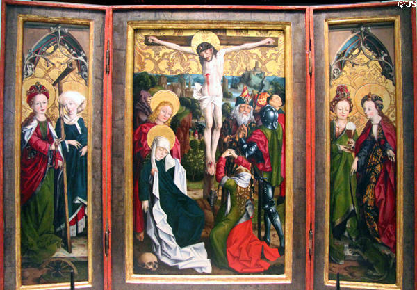 Crucifixion triptych with Saints (c1485) by Master of Ilsung-Madonna from Augsburg at German Historical Museum. Berlin, Germany.
