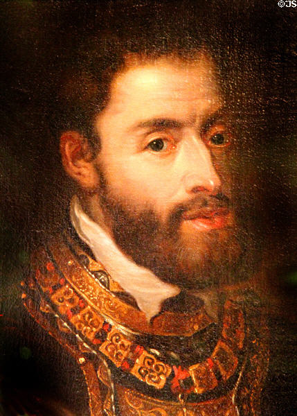 Detail of Holy Roman Emperor Charles V painting (after 1603) by Tiziano Vecellio then school of Peter Paul Rubens of Antwerp at German Historical Museum. Berlin, Germany.