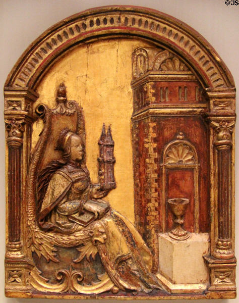 Wood carving of St Barbara (16thC) from southern Germany at German Historical Museum. Berlin, Germany.
