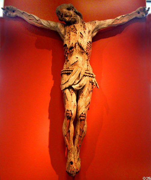 Wood carving of crucified Christ (17thC) from southern Germany or Tirol at German Historical Museum. Berlin, Germany.