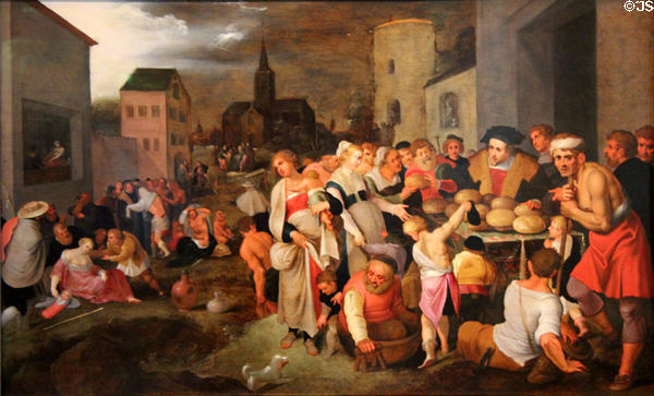 Seven Works of Mercy painting (start 17thC) by Frans Francken of Antwerp at German Historical Museum. Berlin, Germany.