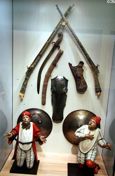 Ottoman army weapons (c1700s) & carvings of Turks at German Historical Museum. Berlin, Germany.