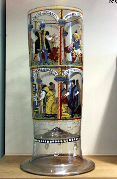 Painted glass beaker show stages of man's life (1588) from Bohemia or Hessen-Kassel at German Historical Museum. Berlin, Germany.