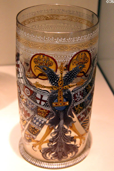 Painted glass imperial eagle tankard (1615-31) from Bohemia or Germany at German Historical Museum. Berlin, Germany.