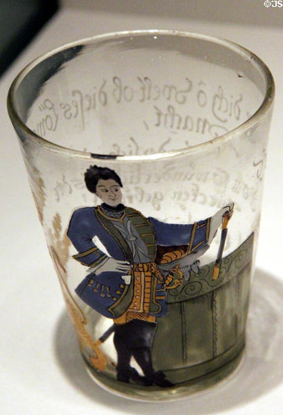 Painted glass with portrait of King Charles XII of Sweden (1714) from Germany at German Historical Museum. Berlin, Germany.