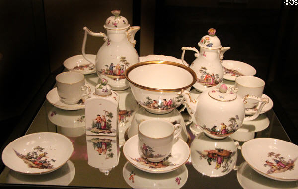 Porcelain coffee & tea service painted with scenes of country life (c1750) by Meissen at German Historical Museum. Berlin, Germany.