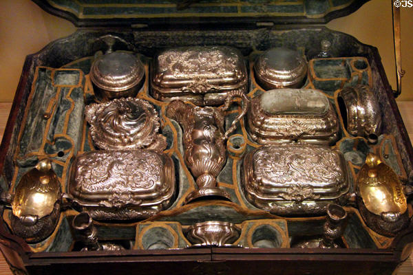 Details of silver toilet & dining service in travel case (1747-9) by Franz Christoph Saler of Augsburg at German Historical Museum. Berlin, Germany.