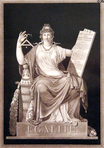 Equality holding Declaration of Rights of Man engraving (1793) by Jean-François Janinet & Jean Guillaume Moitte of France at German Historical Museum. Berlin, Germany.