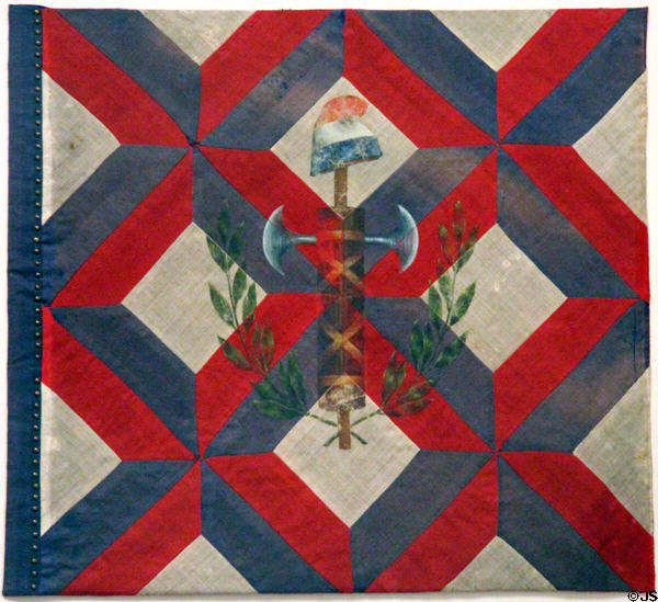 French revolutionary infantry flag (1792-1804) from time after king was executed with Jacobine symbols & cap at German Historical Museum. Berlin, Germany.