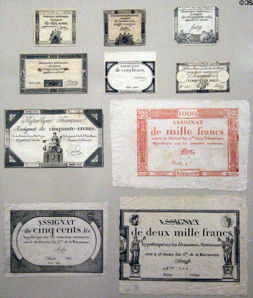Paper assignat bonds (1792-5) issued by the French Revolutionary government at German Historical Museum. Berlin, Germany.