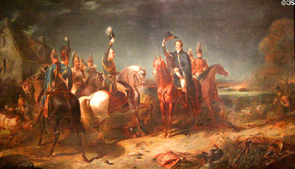 Encounter of Marshal Blücher & Duke of Wellington at Battle of Waterloo painting (c1850) by Thomas Jones Barker of London at German Historical Museum. Berlin, Germany.