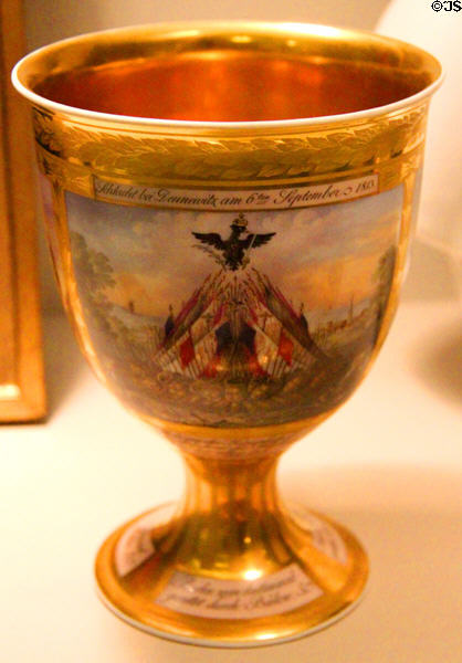 Chalice with scenes of rescue of Berlin from Napoleon by General Friedrich Wilhelm Graf Bülow von Dennewitz porcelain cup (after 1813) made by KPM of Berlin at German Historical Museum. Berlin, Germany.
