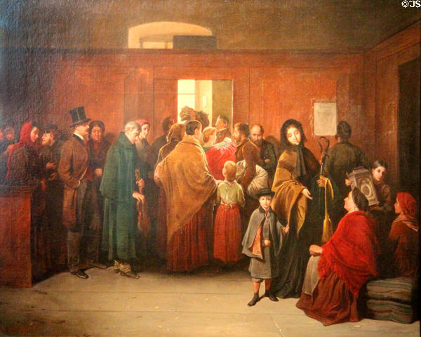 Pawnshop painting (1866) by Friedrich Friedländer of Vienna probably shows widow of Austro-Prussian War selling sword of fallen husband at German Historical Museum. Berlin, Germany.
