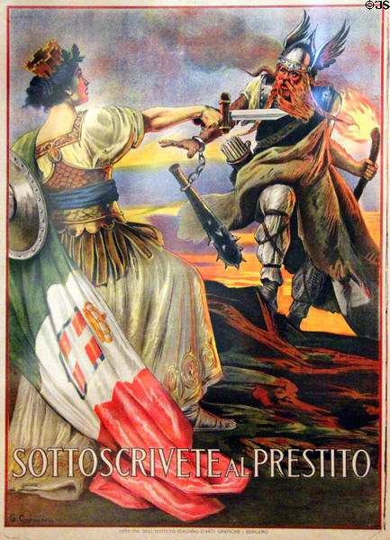 Italian propaganda poster showing barbaric German after invasion of neutral Belgium (c1917) by Giovanni Capranesi of Bergamo at German Historical Museum. Berlin, Germany.
