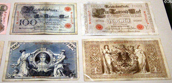 Front & back of German currency (1903 & 1910) at German Historical Museum. Berlin, Germany.