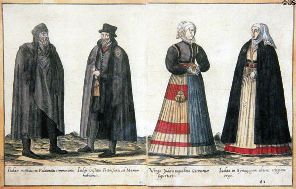 Engraving of Jews in traditional costume with prescribed yellow rings (18thC) at Jewish Museum Berlin. Berlin, Germany.