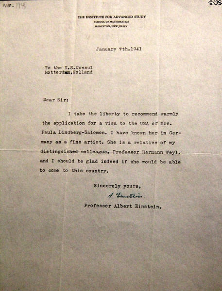 Letter (1941) by Albert Einstein recommending U.S. Visa for Paula Lindberg-Salomen at Jewish Museum Berlin. Berlin, Germany.