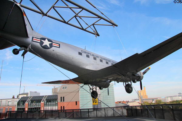 US Air Force Douglas C-47B Skytrain (1945) "raisinbomber" transport plane used during 1948 Berlin Airlift suspended at German Museum of Technology. Berlin, Germany.