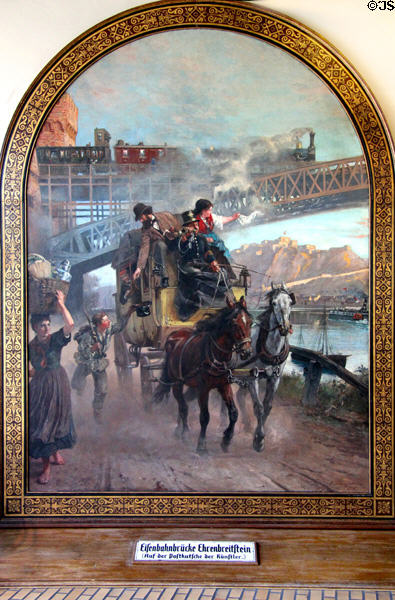 Rail Bridge above mail coach painting (1875) by Paul Friedrich Meyerheim at German Museum of Technology. Berlin, Germany.