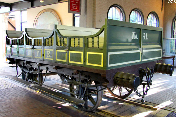 Third class open rail passenger wagon #41 (1843) at German Museum of Technology. Berlin, Germany.