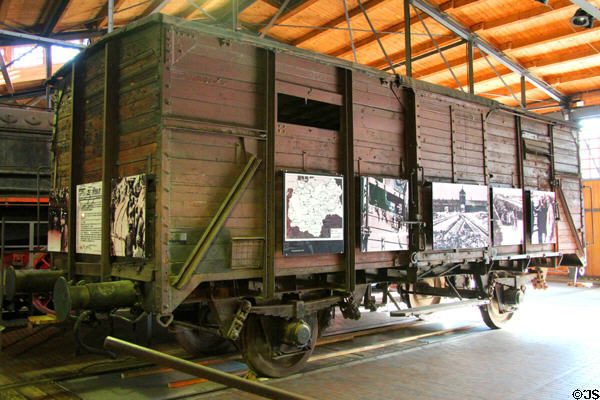 Freight rail wagon used to transport Jews (1941-4) to concentration extermination camps now a memorial at German Museum of Technology. Berlin, Germany.