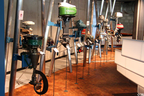Collection of outboard motors in boat gallery at German Museum of Technology. Berlin, Germany.