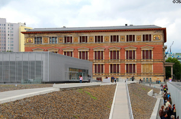 Modern gray museum Topography of Terror building & red Gropius Museum. Berlin, Germany.