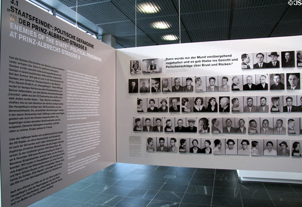 Mug shots of political prisoners in Topography of Terror display at ruins of Gestapo central headquarters. Berlin, Germany.