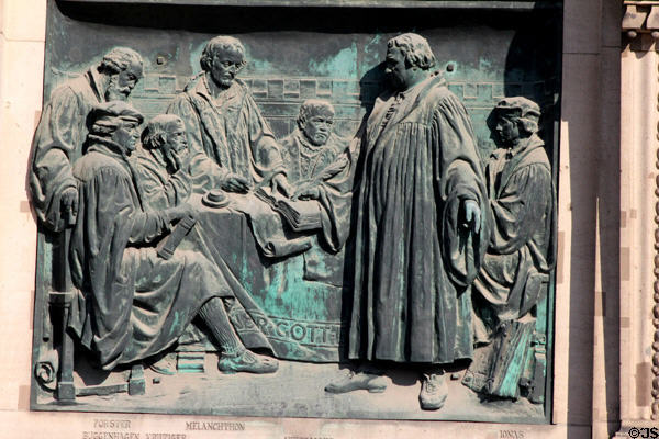 Martin Luther & supporters plaque by Johannes Gotz on Berlin Cathedral. Berlin, Germany.