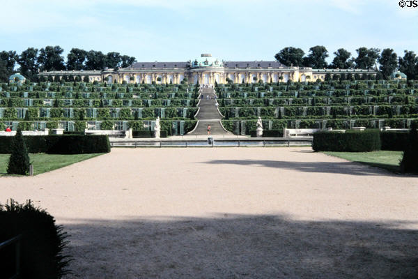 Sanssouci Palace (1747) over terraced vineyard & fountain at Sanssouci Park. Potsdam, Germany.