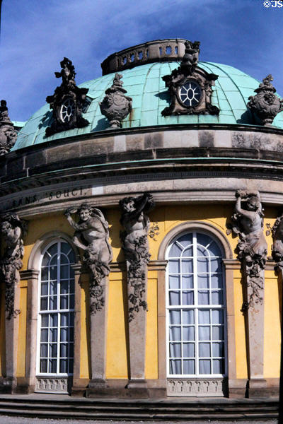 Facade detail of round central hall of Sanssouci Palace (1747) at Sanssouci Park. Potsdam, Germany.
