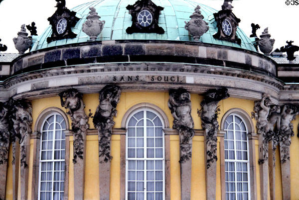 Name meaning 'without a care' on facade of Sanssouci Palace (1747) at Sanssouci Park. Potsdam, Germany.