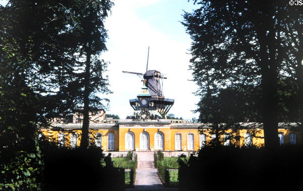 Windmill (1791) seen above New Chambers at Sanssouci Park. Potsdam, Germany.