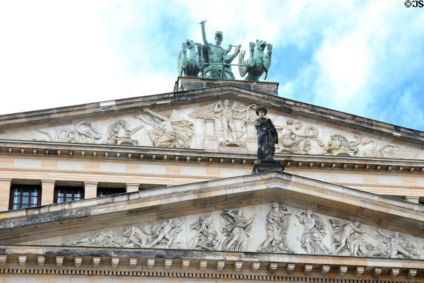 Sculpture & pediments of Konzerthaus Berlin on Gendarmenmarkt. Berlin, Germany.