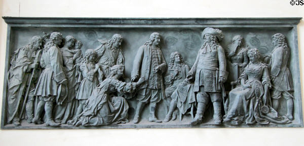 Huguenots expelled from France admitted to Prussia by the Great Elector in 1685 relief sculpture (1885) by Johannes Boese at French Cathedral of Berlin. Berlin, Germany.