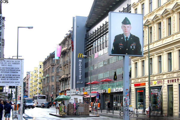 Checkpoint Charlie turned into tourist attraction. Berlin, Germany.
