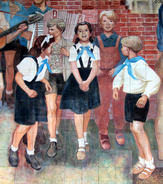 Children detail of Building the Republic socialist mural (1952) by Max Lingner at Detlev Rohwedder. Berlin, Germany.