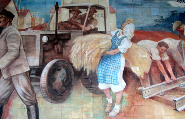 Tractor & wheat harvest detail of Building the Republic socialist mural (1952) by Max Lingner at Detlev Rohwedder. Berlin, Germany.