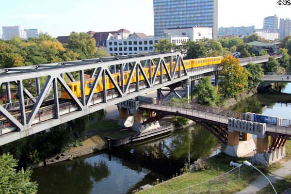 Berlin subway on bridge across canal near former Anhalt rail station. Berlin, Germany.