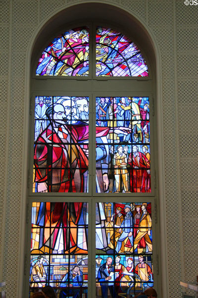 Stained glass window showing Lenin & Marx plus others in Law Library at Humboldt University Berlin. Berlin, Germany.