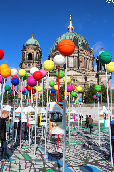 Giant pins in literary map of Berlin at special exhibit in front of Berlin Cathedral. Berlin, Germany.
