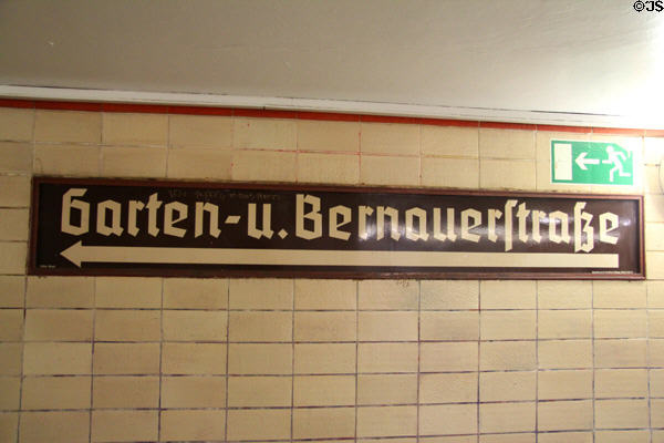 Subway entrance to Ghost station where stops were forbidden because they were on lines running to West Berlin on either end at Bernauer Straße Berlin Wall Memorial. Berlin, Germany.