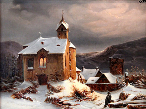 Single wanderer at winter twilight church painting (1815) by Christian Johann Gottlieb Giese at Pomeranian State Museum. Greifswald, Germany.
