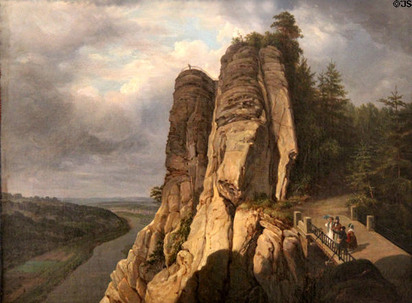 Bastei rock formation in Elbe Sandstone Mountains painting (mid 1800s) by Karl Gottfried Traugott Faber at Pomeranian State Museum. Greifswald, Germany.